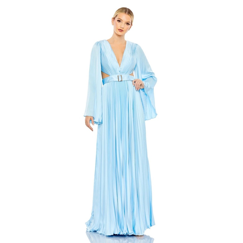 NWT Mac Duggal 26732 Ice Blue Pleated Satin Gown Cutout Lace-Up Back Sz 6 $598